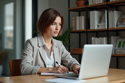 Femme au bureau analysant des graphiques sur son ordinateur