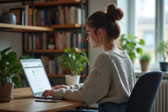 Jeune femme au bureau avec ordinateur sécurisé