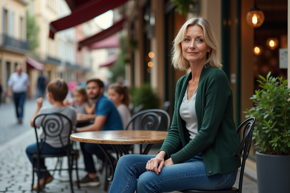 Femme assise dans un café urbain avec enfants en arrière-plan