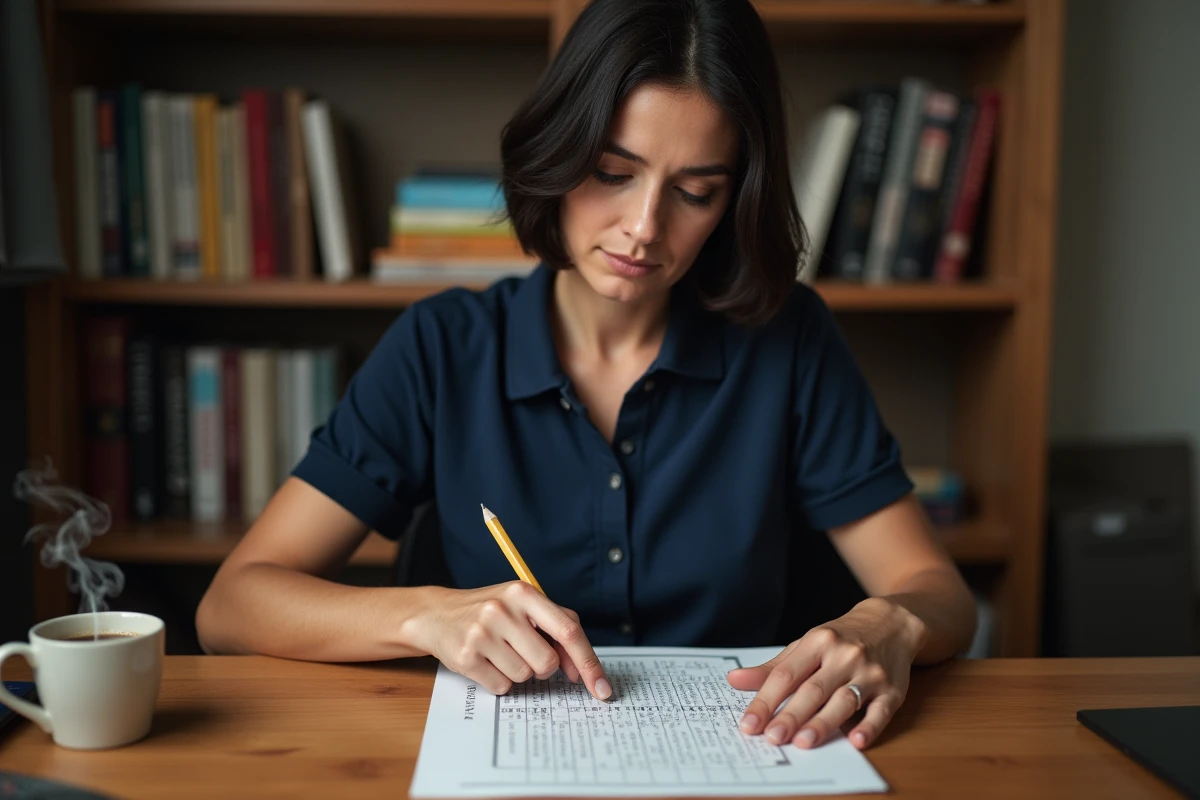 Femme cruciverbiste concentrée résolvant des mots croisés à son bureau avec un café et des dictionnaires