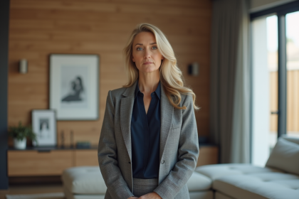 Femme d'environ 40 ans dans un salon moderne et minimaliste