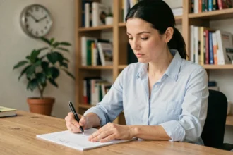 Femme remplissant une feuille de temps de travail avec un stylo sur un bureau en bois, horloge murale visible en arrière-plan