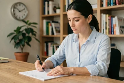 Femme remplissant une feuille de temps de travail avec un stylo sur un bureau en bois, horloge murale visible en arrière-plan
