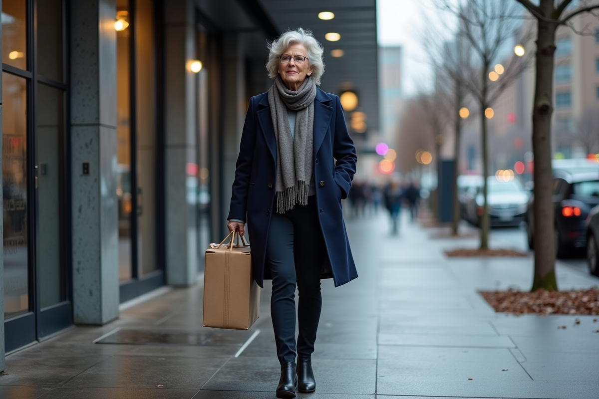 Femme de 50 ans marchant devant un immeuble de bureau en hiver