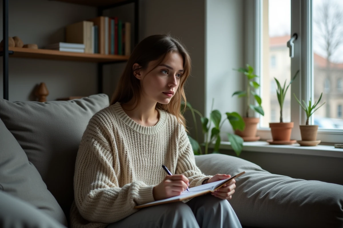 Jeune femme écrivant dans un salon cosy