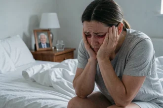 Femme en larmes assise sur le bord du lit au réveil après un rêve douloureux d'un proche décédé
