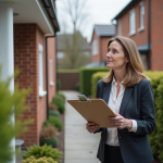 Femme d age moyenne examine une maison moderne en extérieur