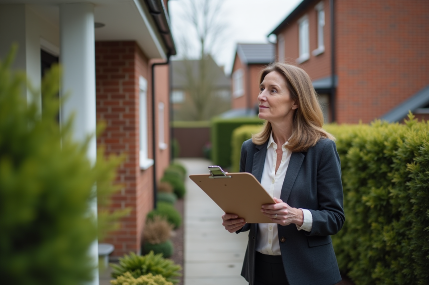 Femme d age moyenne examine une maison moderne en extérieur