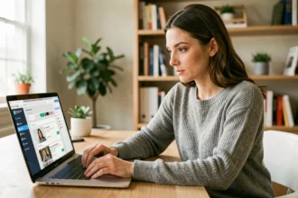 Femme utilisant un logiciel de filtrage de résultats sur son ordinateur portable dans un bureau à domicile moderne