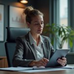 Femme d'affaires regardant des graphiques financiers sur une tablette