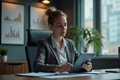 Femme d'affaires regardant des graphiques financiers sur une tablette