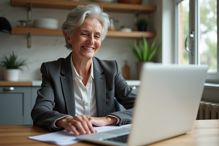 Femme d'âge moyen en tenue professionnelle examine un plan financier