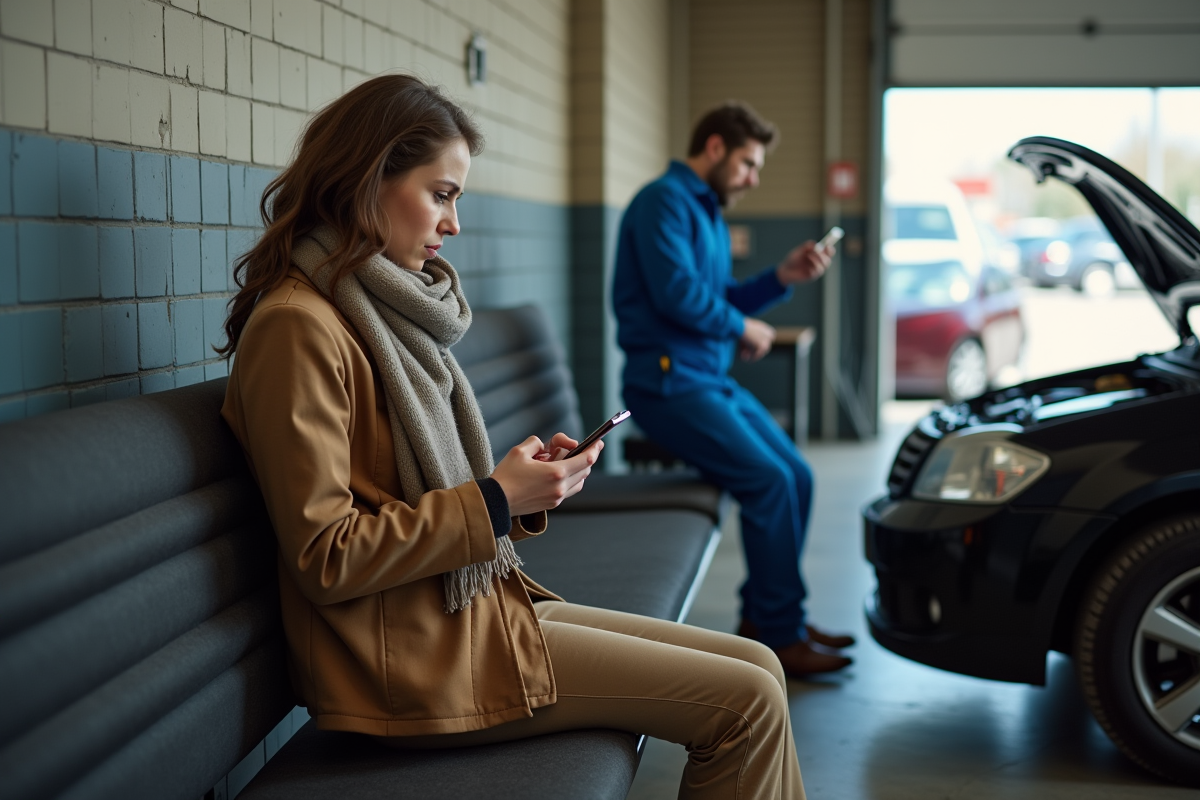 Jeune femme dans un garage regarde son téléphone avec un mécanicien