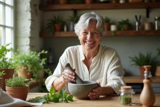 Femme en lin brodé grindant des herbes fraîches dans une cuisine chaleureuse