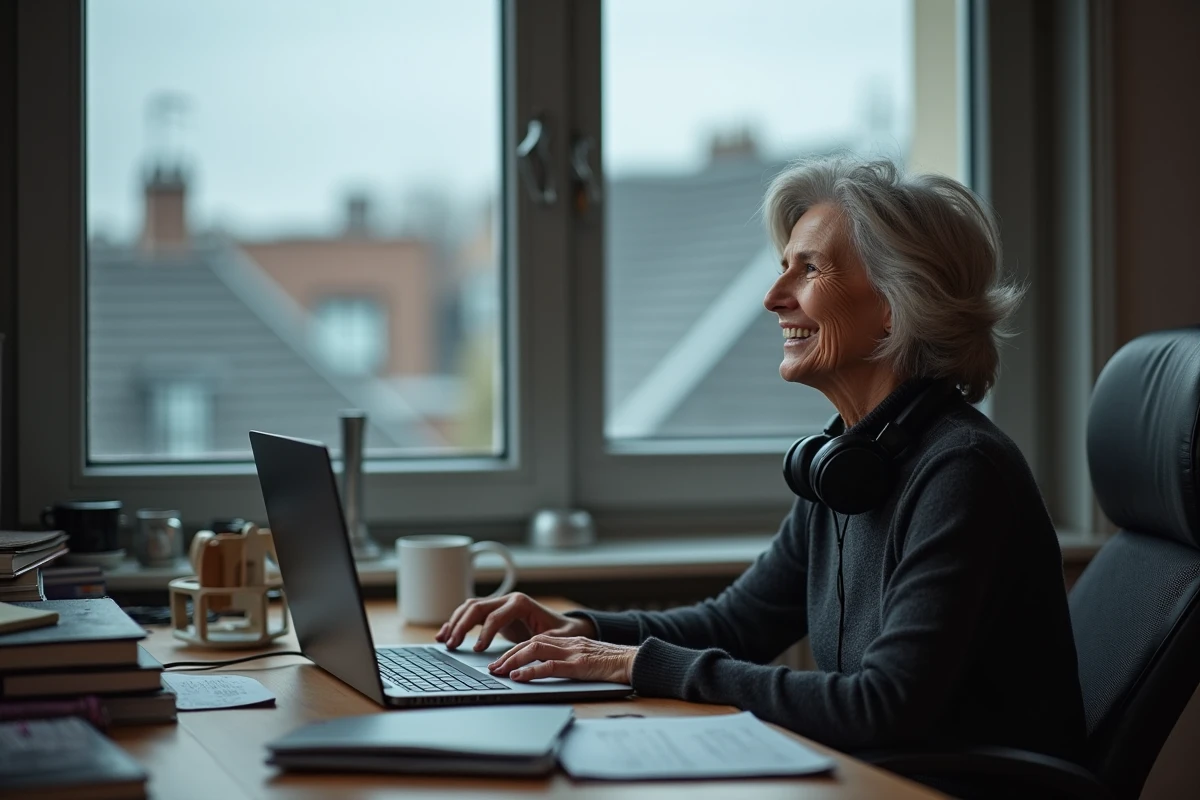 Femme d'une cinquantaine d'années souriante devant son ordinateur portable dans un bureau à domicile, amusée par une blague d'humour noir lue en ligne