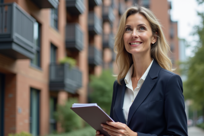 Femme professionnelle devant immeuble moderne en ville