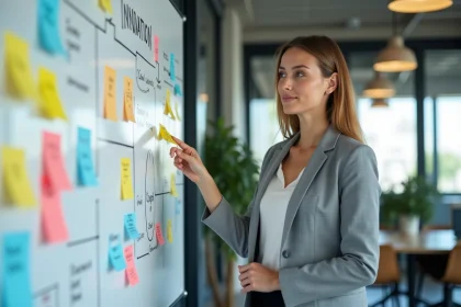 Femme d affaires devant un tableau d idees en entreprise