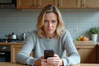 Femme inquiète regardant un appel entrant suspect sur son smartphone dans sa cuisine, illustrant une arnaque téléphonique au numéro 0948008736