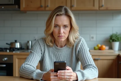 Femme inquiète regardant un appel entrant suspect sur son smartphone dans sa cuisine, illustrant une arnaque téléphonique au numéro 0948008736