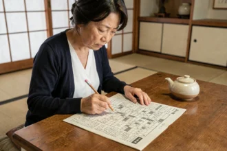 Femme japonaise résolvant des mots croisés avec des noms de villes du Japon en 3 lettres