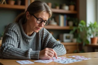 Femme concentrée jouant à la crapette sur une table en bois, faisant du calcul mental avec des cartes disposées en colonnes