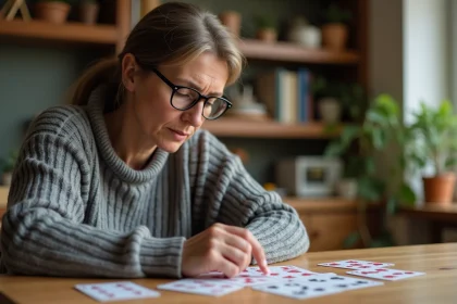 Femme concentrée jouant à la crapette sur une table en bois, faisant du calcul mental avec des cartes disposées en colonnes
