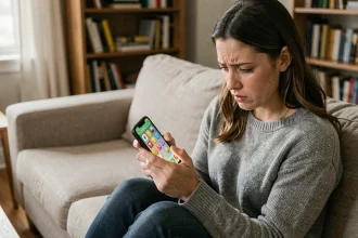 Femme jouant à Candy Crush sur smartphone dans un salon cosy, illustrant les niveaux du jeu mobile populaire