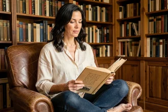 Femme lisant un livre de citations littéraires dans une bibliothèque personnelle chaleureuse remplie de classiques