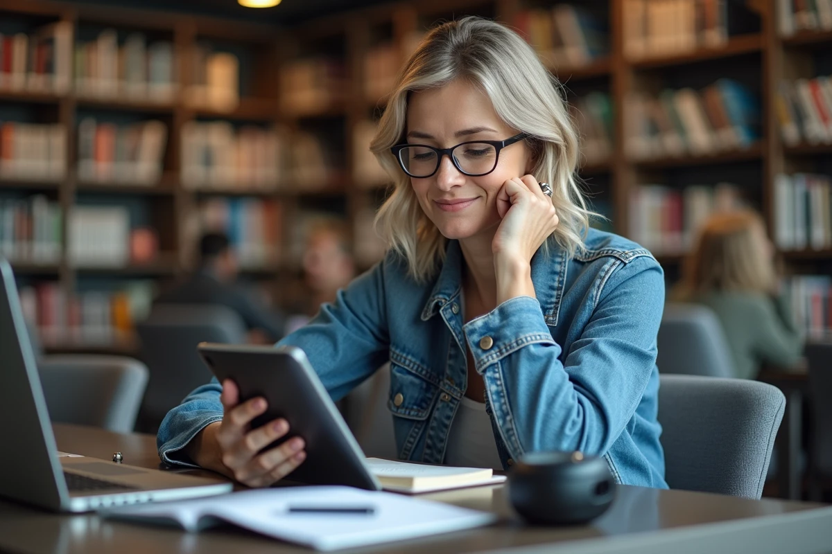Femme étudiante en bibliothèque avec tablette et notes de musique