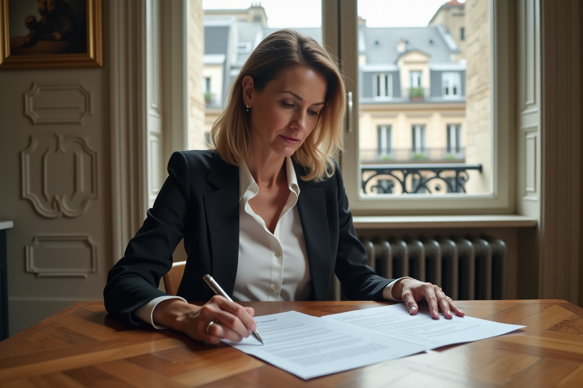 Femme lisant documents de prêt dans appartement parisien
