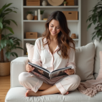 Femme assise sur un canapé en lounge pastel dans un salon cosy