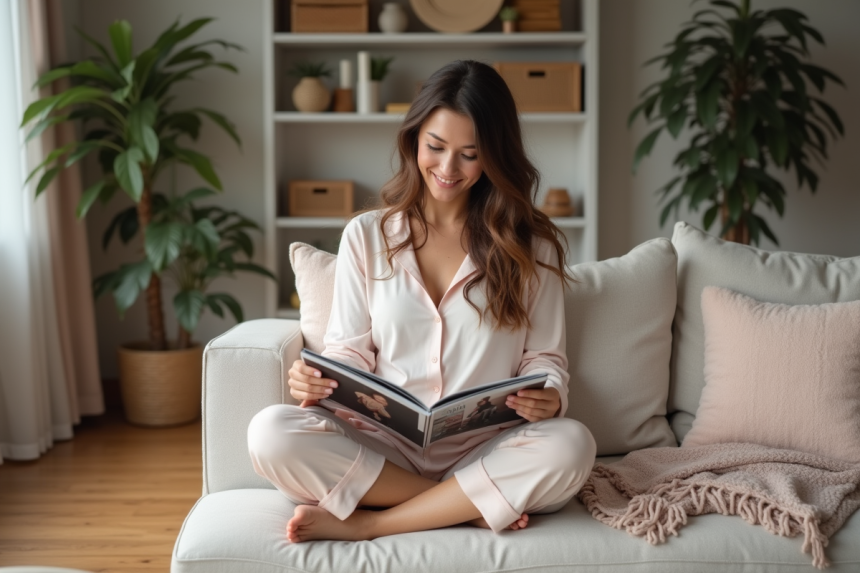 Femme assise sur un canapé en lounge pastel dans un salon cosy