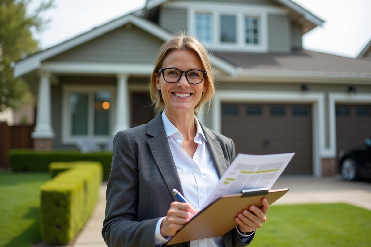 Femme souriante tenant un dossier devant une maison de banlieue