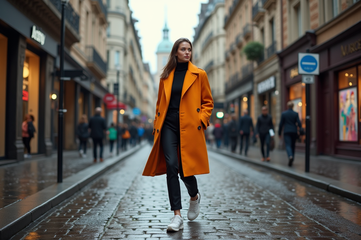 Jeune femme en manteau avantgarde dans une rue urbaine dynamique