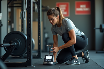 Jeune femme en salle de sport mesurant un barbell