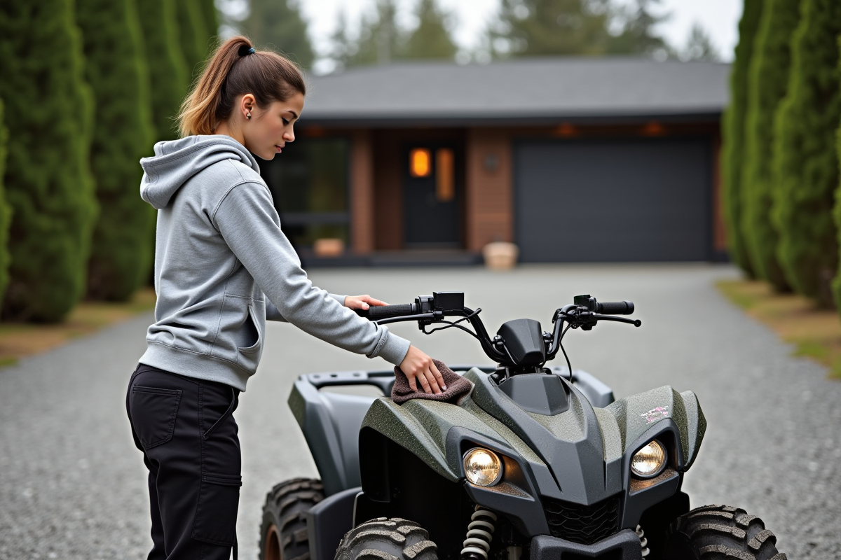 Jeune femme nettoyant un quad en extérieur