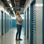 Femme inspectant portes de stockage modernes à Mille