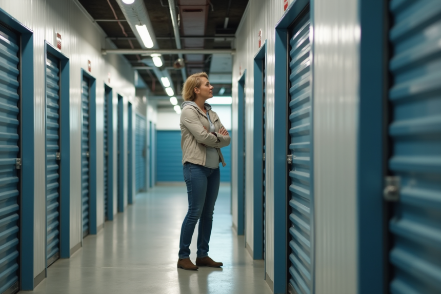 Femme inspectant portes de stockage modernes à Mille