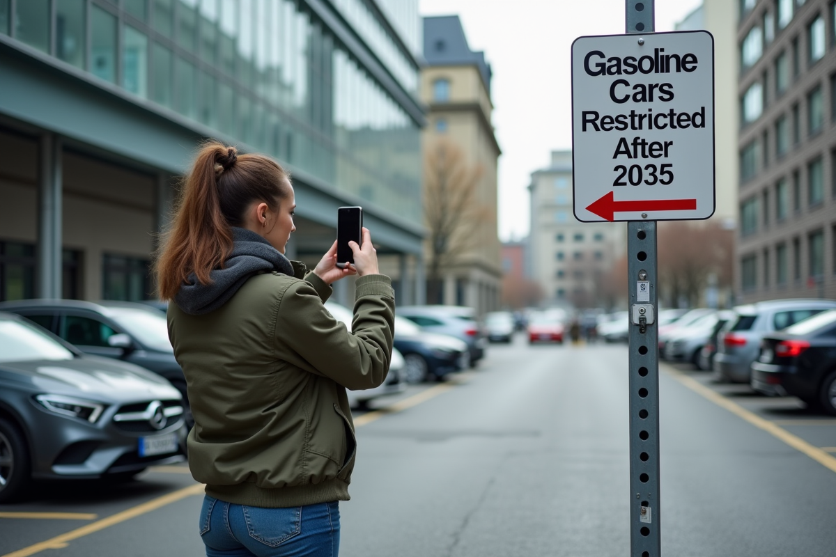 Jeune femme prenant en photo un panneau sur la restriction des voitures essence