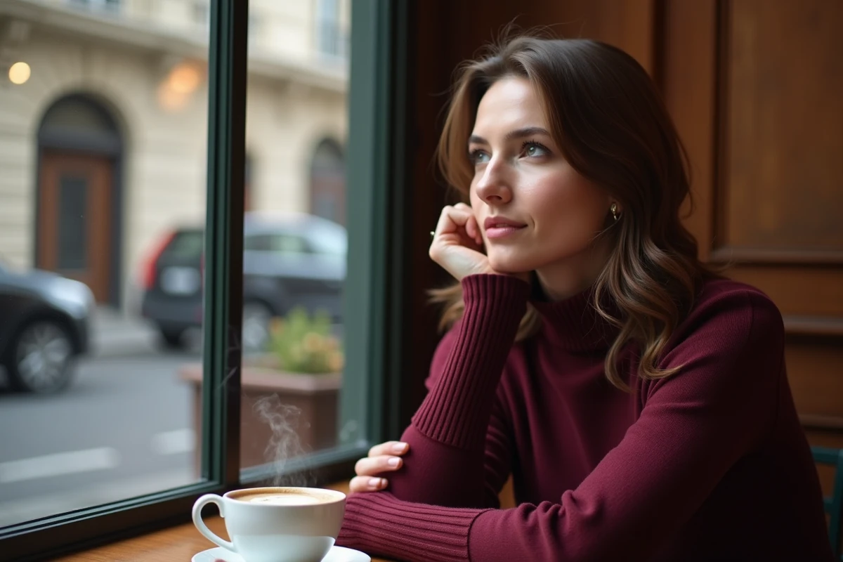 Femme élégante pensive dans un café parisien, symbolisant les hauts et les bas d'une relation amoureuse médiatisée