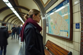 Femme consultant le plan du métro de Paris affiché dans une station parisienne aux carreaux émaillés