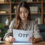 Jeune femme en bureau examine un document OTF