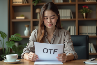 Jeune femme en bureau examine un document OTF