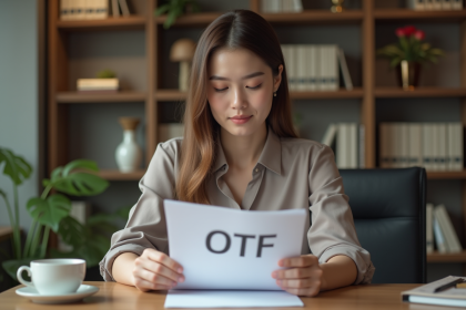 Jeune femme en bureau examine un document OTF