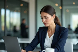 Femme professionnelle rédigeant un email formel sur son ordinateur portable dans un bureau moderne