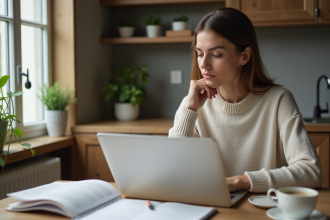 Femme réfléchissant à ses économies dans une cuisine moderne