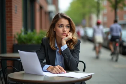 Femme pensive avec lettres de travail en extérieur