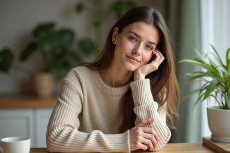 Femme en introspection dans une cuisine minimaliste