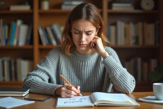 Jeune femme concentrée révisant la règle orthographique de 'ça fait partie' dans un cahier posé sur un bureau en bois entouré de livres de grammaire française