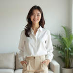 Jeune femme souriante dans un salon moderne minimaliste